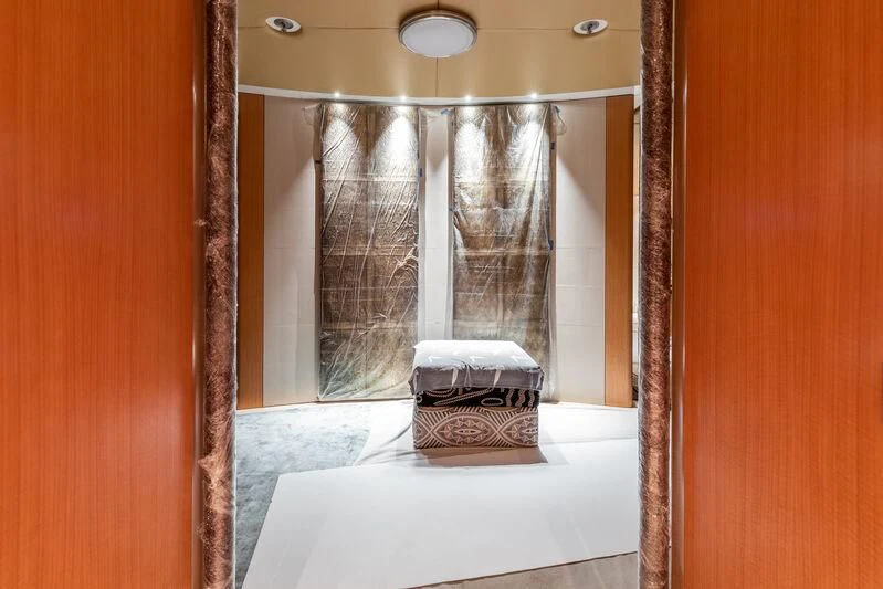 a bathroom with a large mirror aboard MALTESE FALCON Yacht for Sale