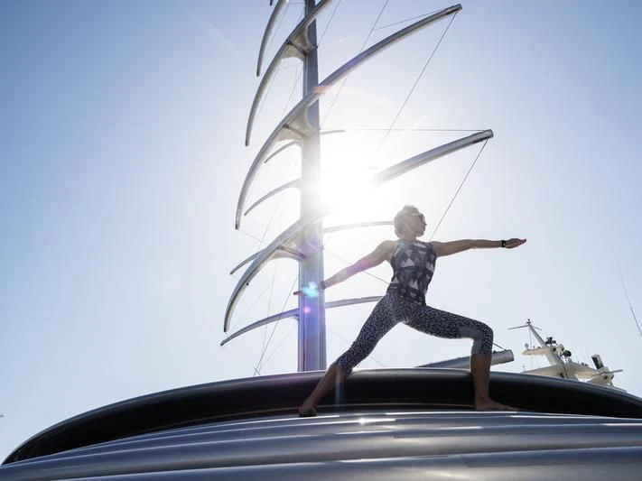 a statue of a person holding a sword and shield aboard MALTESE FALCON Yacht for Sale
