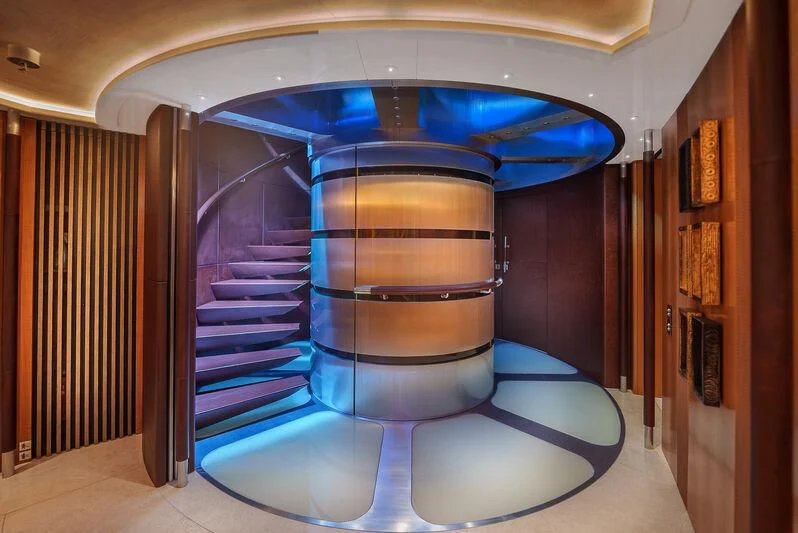 a large blue and white toilet aboard MALTESE FALCON Yacht for Sale