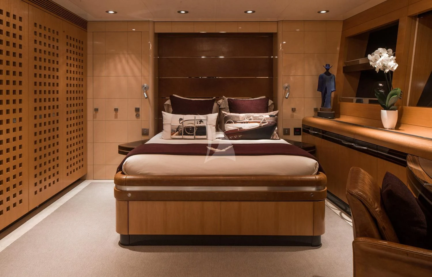 a bed in a room aboard MALTESE FALCON Yacht for Sale