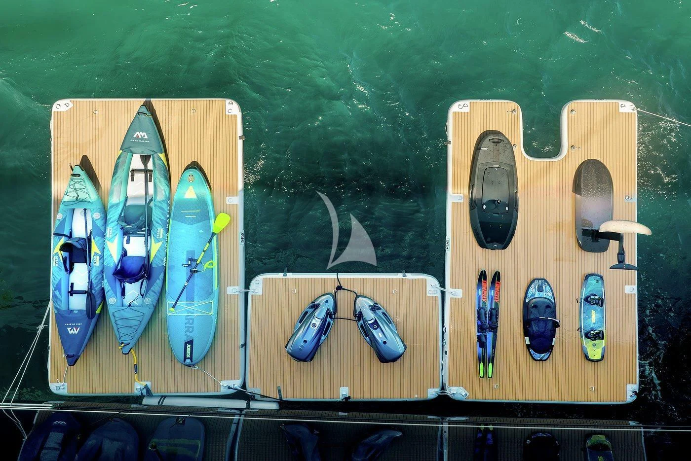 a group of skateboards on a wall aboard MALTESE FALCON Yacht for Sale