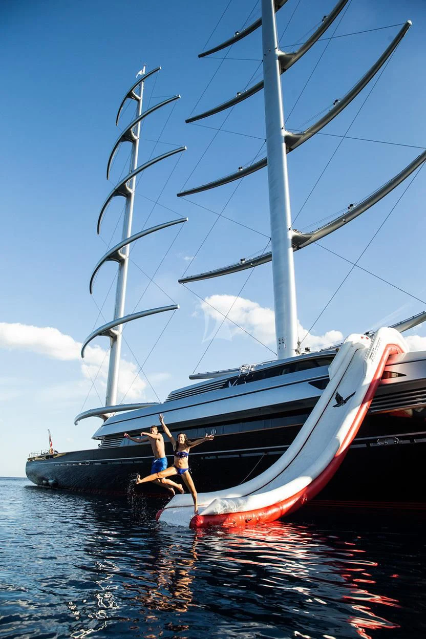 a boat with wind turbines aboard MALTESE FALCON Yacht for Sale