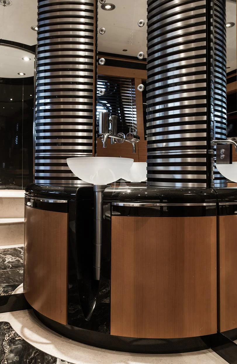 a black and silver piano aboard MALTESE FALCON Yacht for Sale