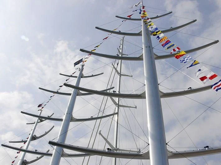 a large metal tower with a flag on it aboard MALTESE FALCON Yacht for Sale