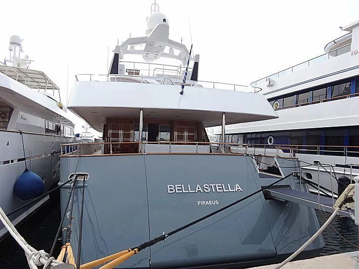 a boat docked at a pier aboard BELLA STELLA Yacht for Charter