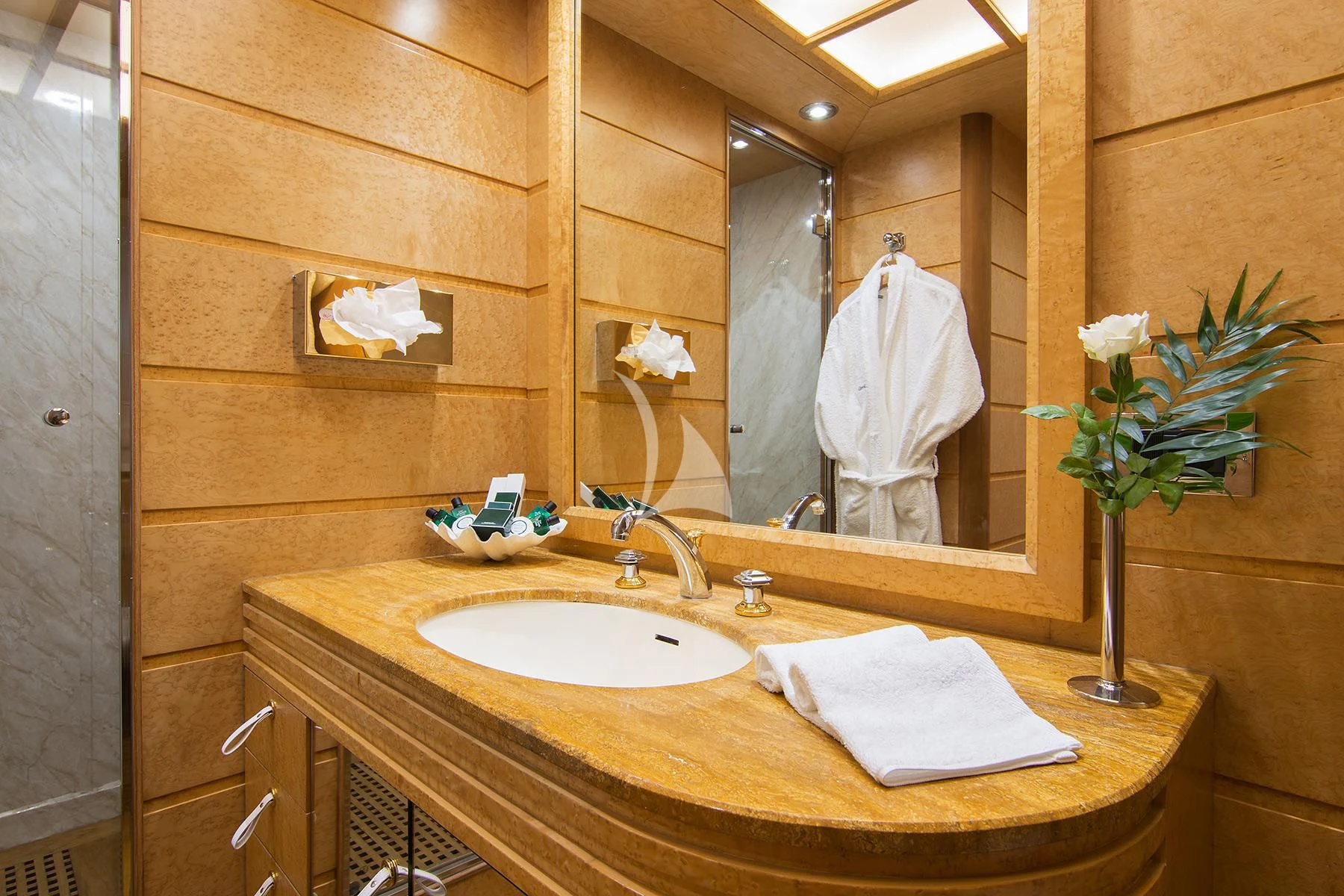 a bathroom with a large mirror aboard BELLA STELLA Yacht for Charter