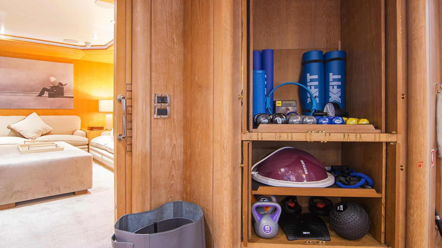 a room with a shelf and a bed aboard BELLA STELLA Yacht for Charter