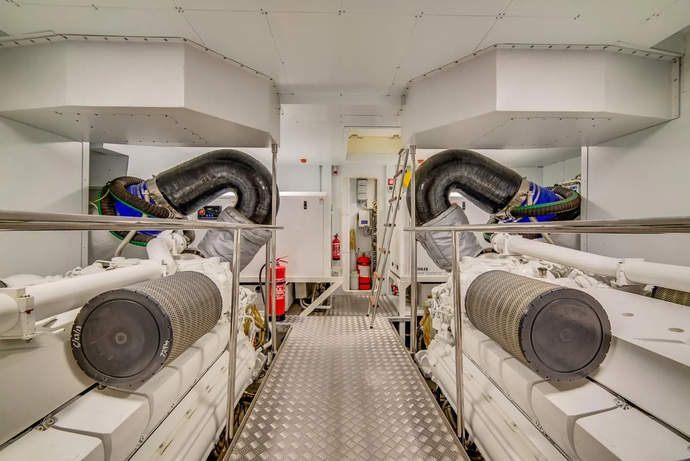a room with large pipes aboard ALEGRA Yacht for Sale