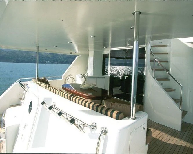 a bathroom with a large window aboard PIPELINER Yacht for Sale