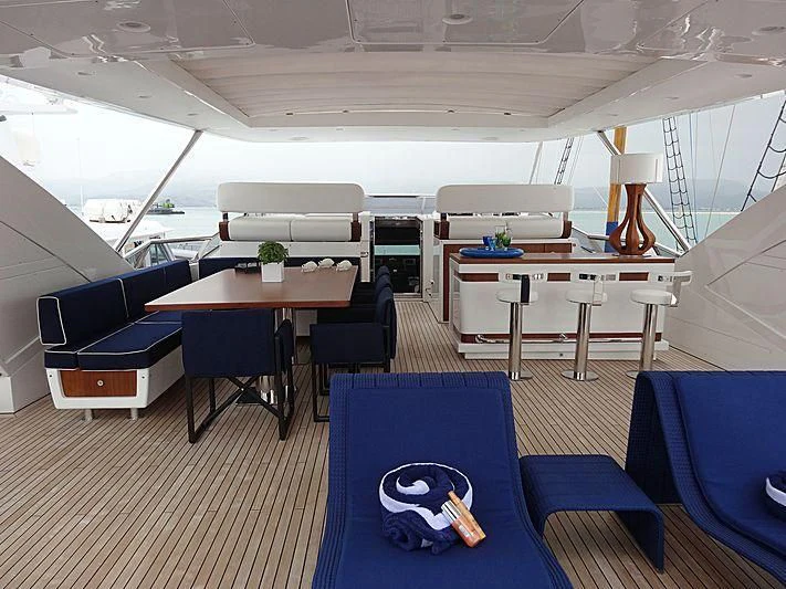 a room with tables and chairs aboard MEMORIES TOO Yacht for Sale