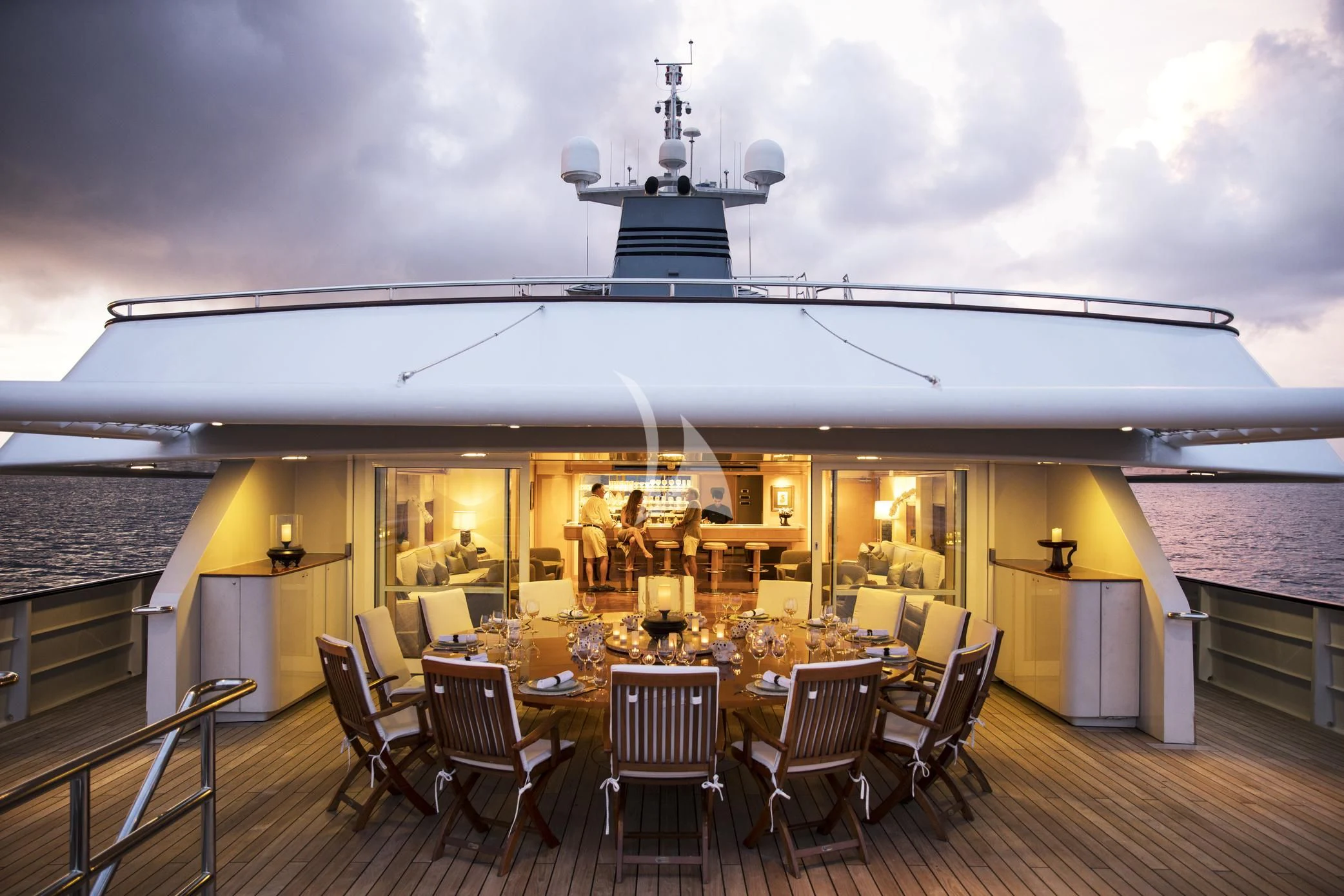 a large dining room with a large white ceiling aboard AQUA BLU Yacht for Sale