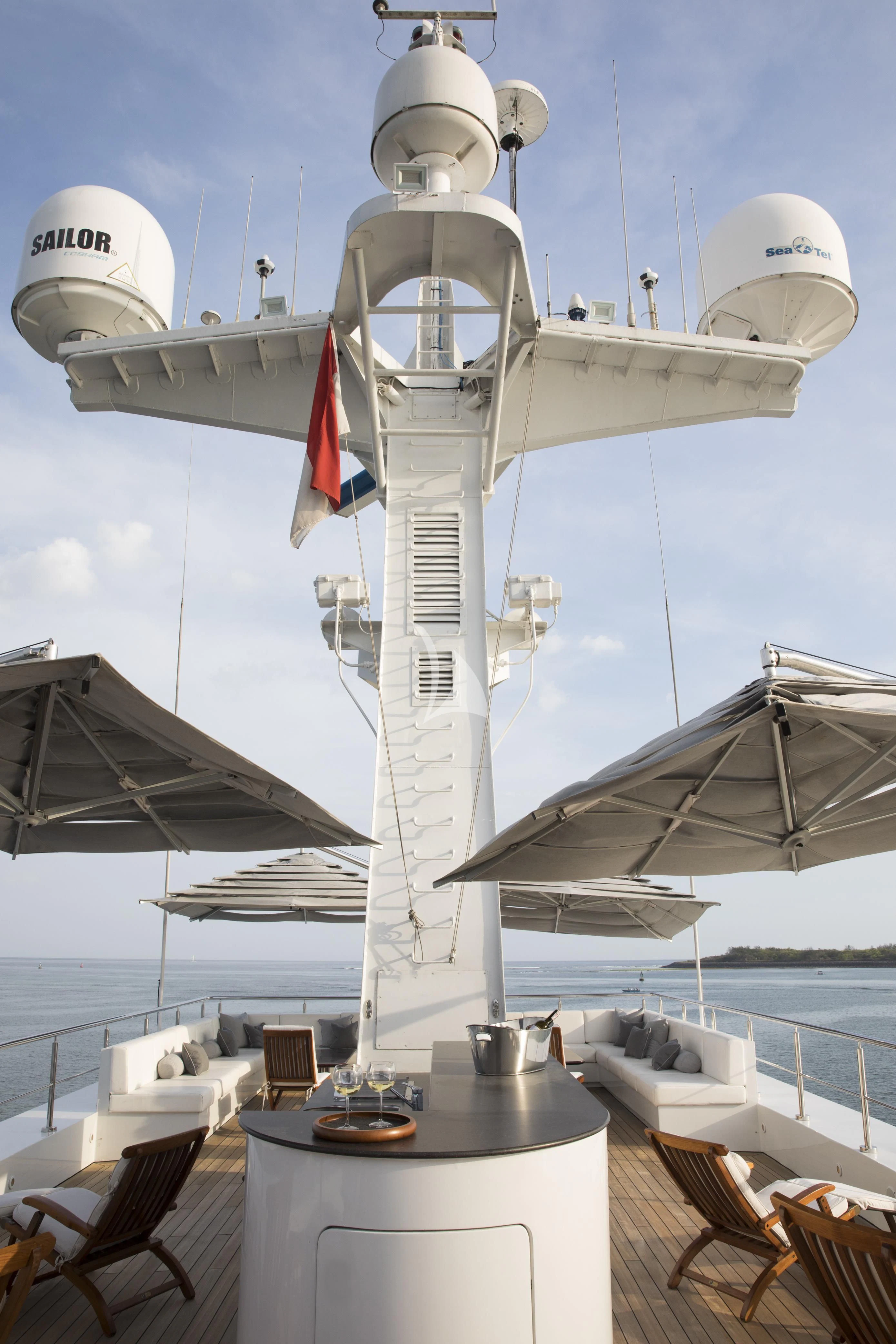 a large white ship with satellite dishes on it aboard AQUA BLU Yacht for Sale
