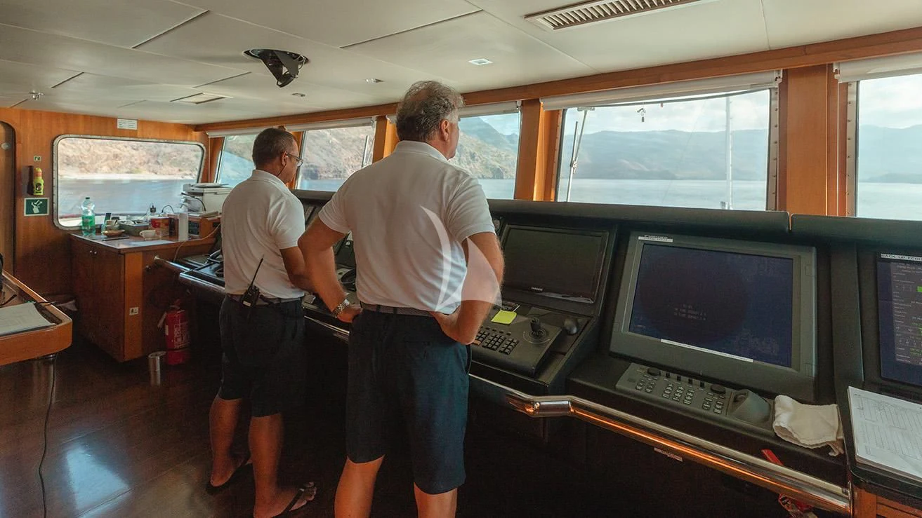 men standing in front of computers aboard AQUA BLU Yacht for Sale