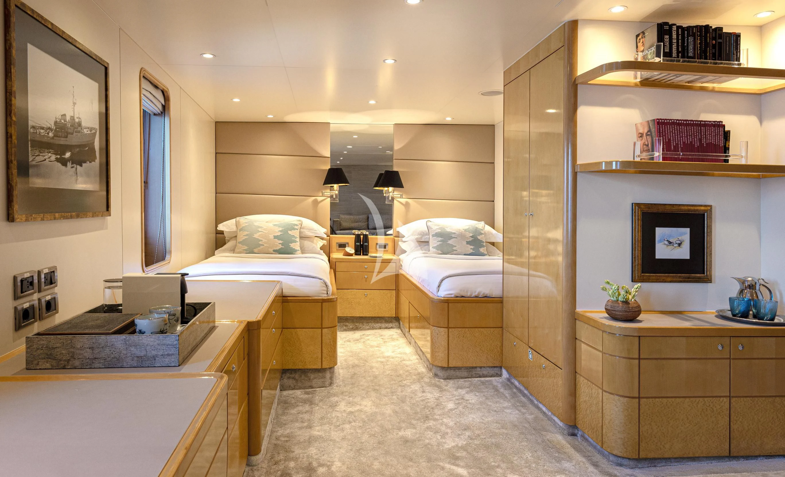 a room with a couple of beds aboard AQUA BLU Yacht for Sale