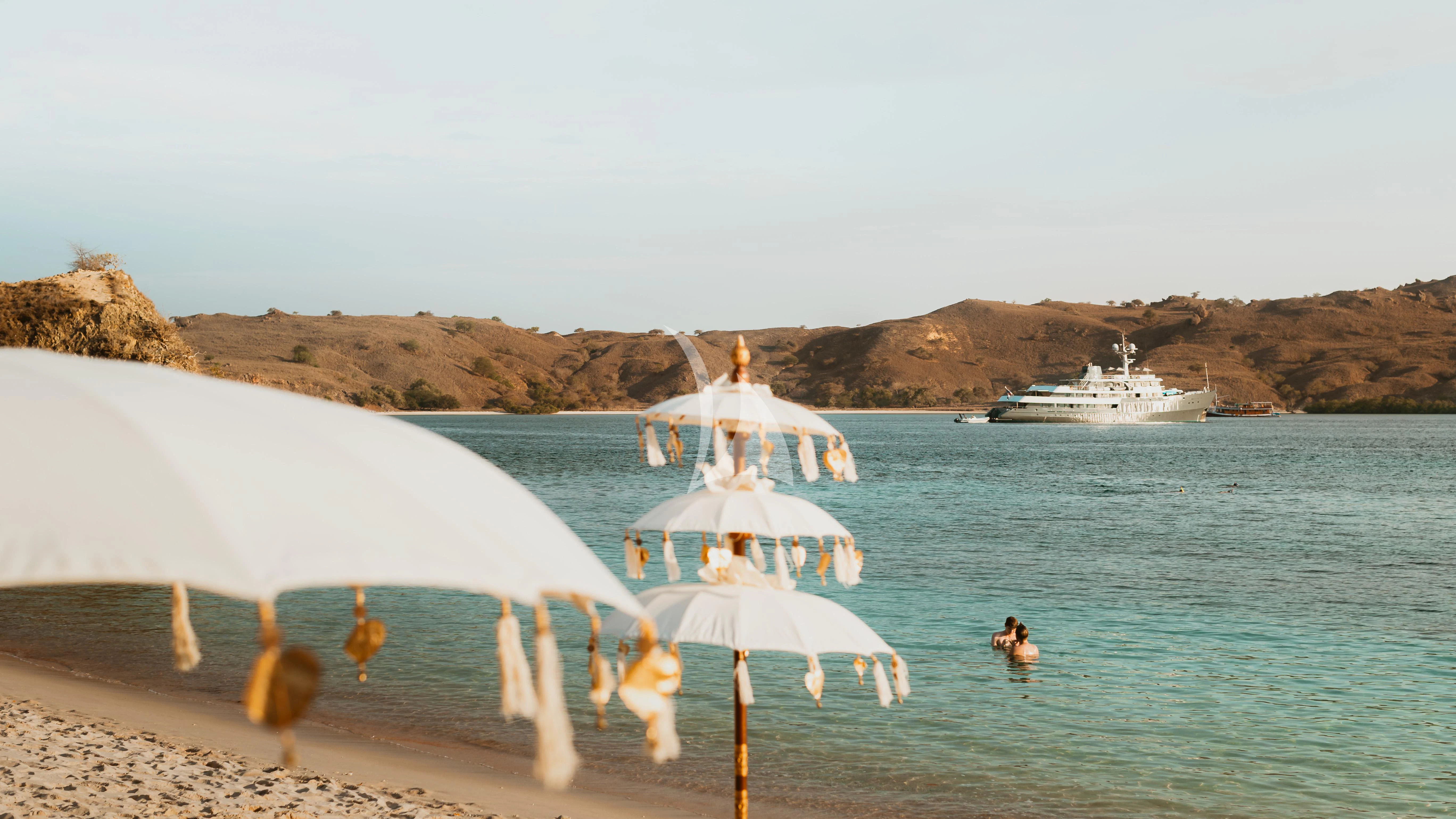 people on a beach aboard AQUA BLU Yacht for Sale