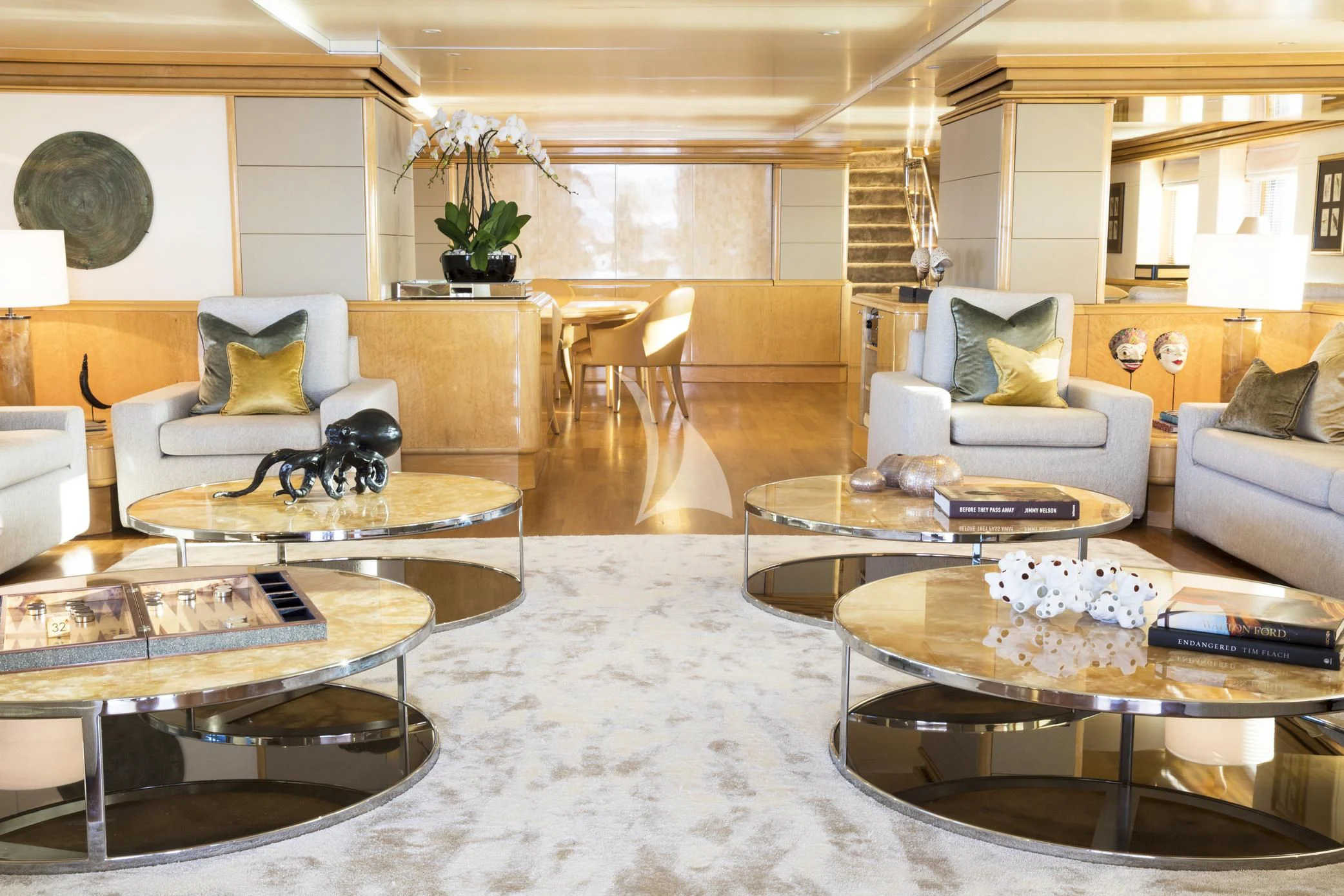 a living room with a dog on the couch aboard AQUA BLU Yacht for Sale