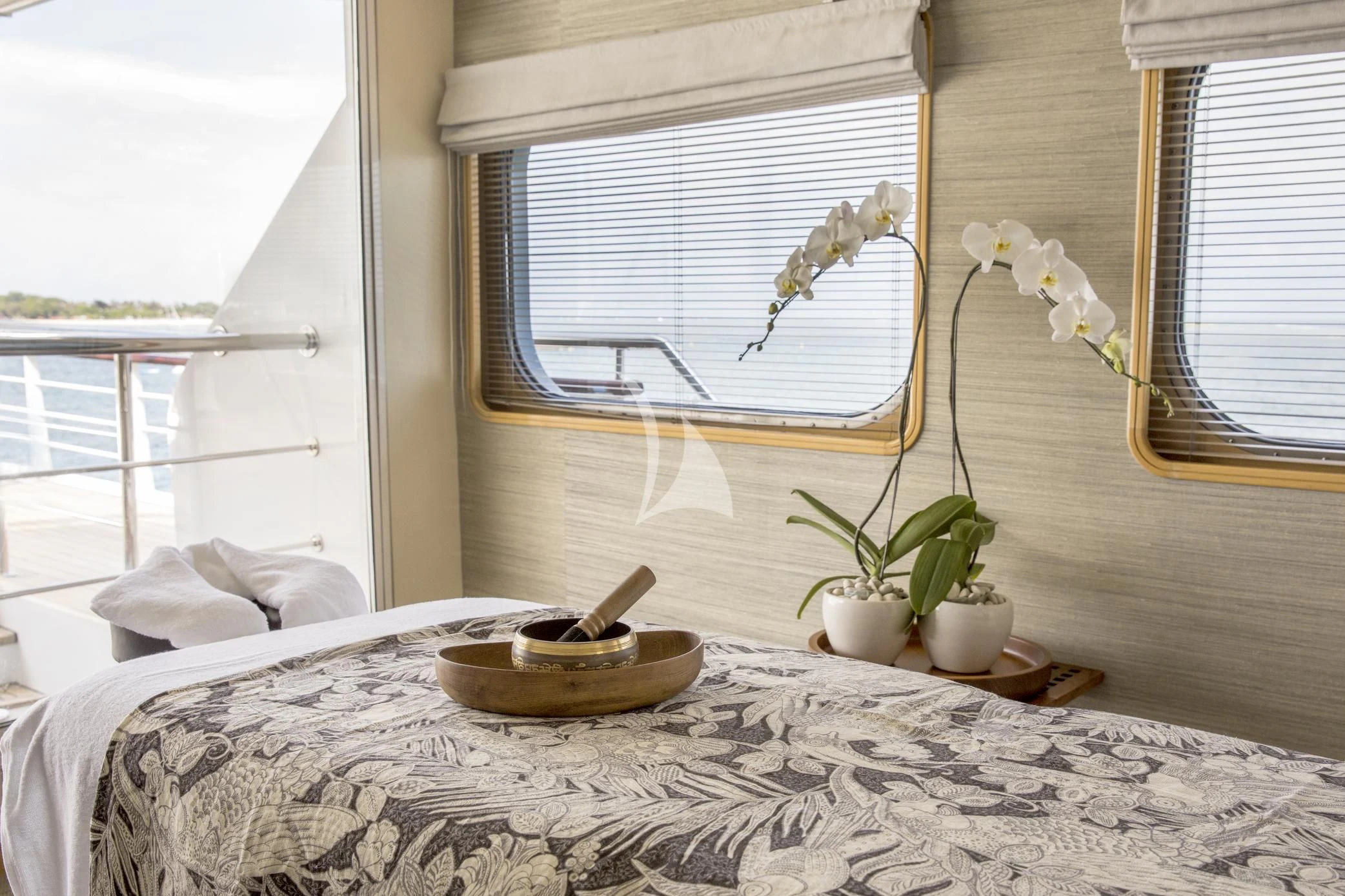 a bowl of food on a bed aboard AQUA BLU Yacht for Sale
