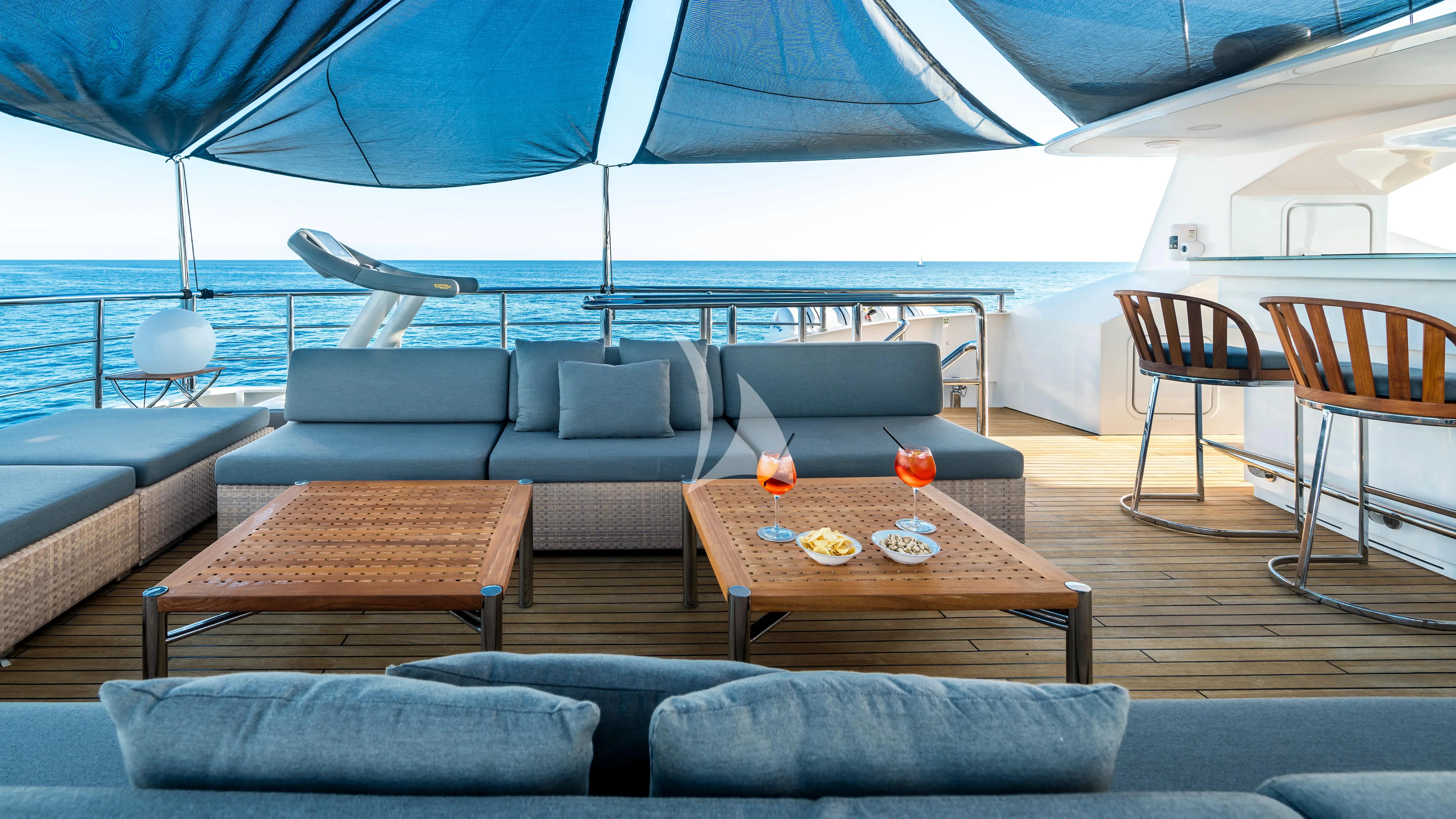 a living room with a large boat aboard R23 Yacht for Charter
