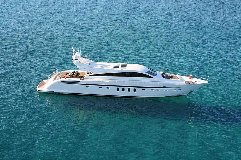 a white yacht in the ocean aboard ALEON Yacht for Sale