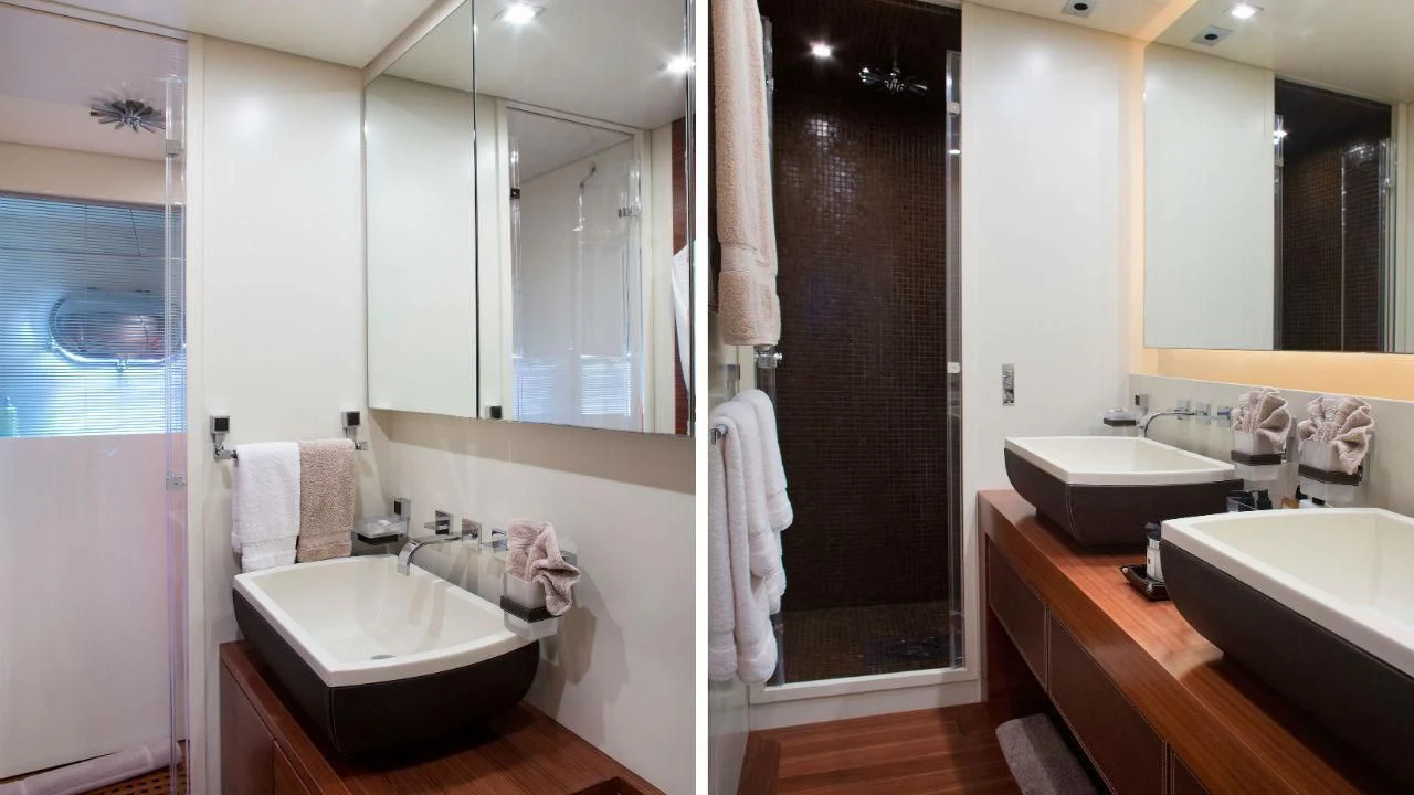 a bathroom with a sink and a shower aboard ALEON Yacht for Sale