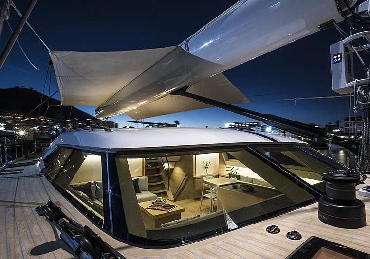 a large white boat on a dock aboard POWER OF 2 Yacht for Sale