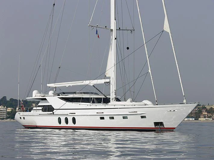 a white and red boat aboard LADY SUNSHINE Yacht for Sale