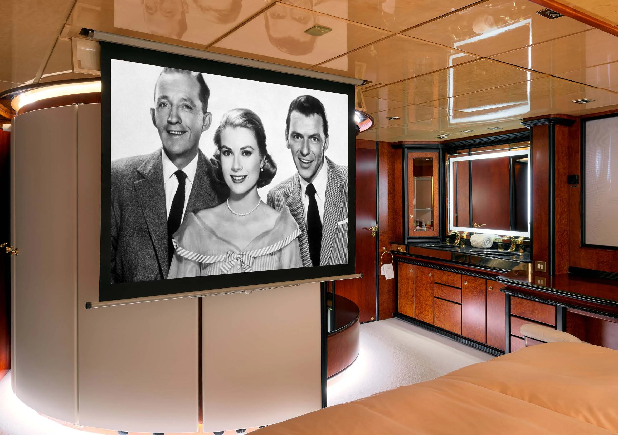 a framed picture of Bing Crosby, Grace Kelly, Frank Sinatra aboard LADY SUNSHINE Yacht for Sale