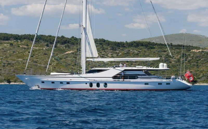 a white boat in the water aboard LADY SUNSHINE Yacht for Sale