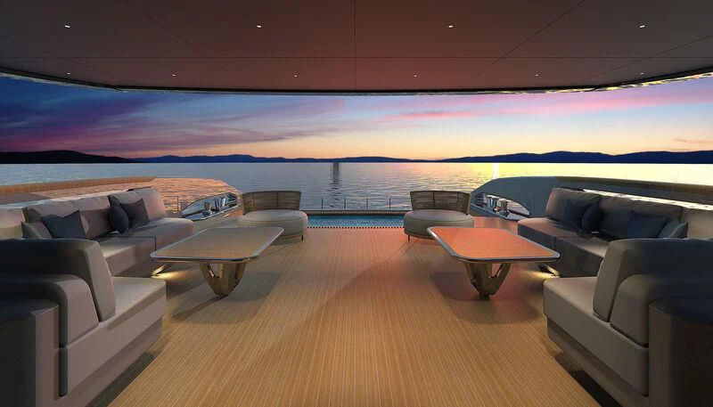 a room with a couch and a table and a pool aboard INFINITY Yacht for Sale