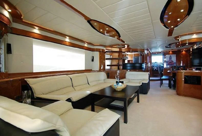 a living room with a large ceiling aboard LEIGH Yacht for Sale