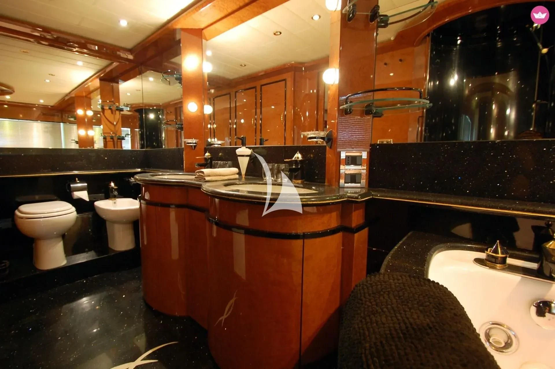 a bathroom with a large countertop aboard LEIGH Yacht for Sale