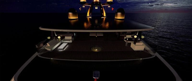 a black and white photo of a space ship on a sea aboard AZURE III Yacht for Sale