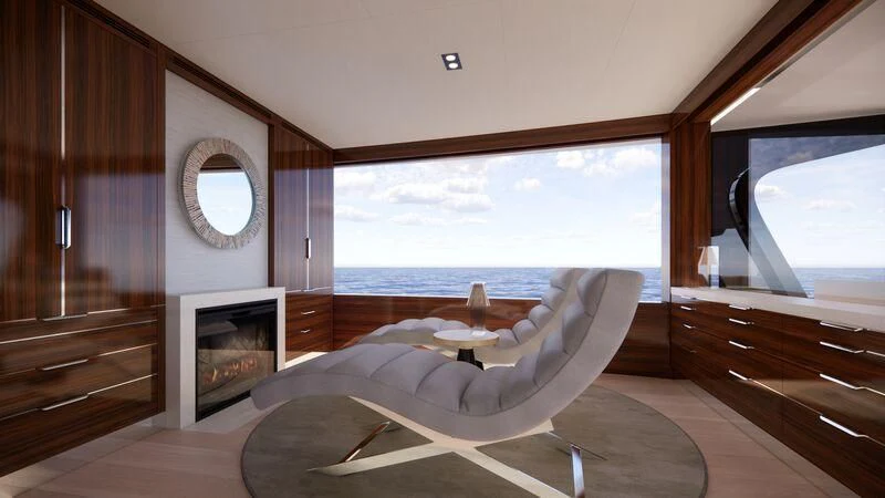 a room with a bed and a fireplace aboard AZURE III Yacht for Sale