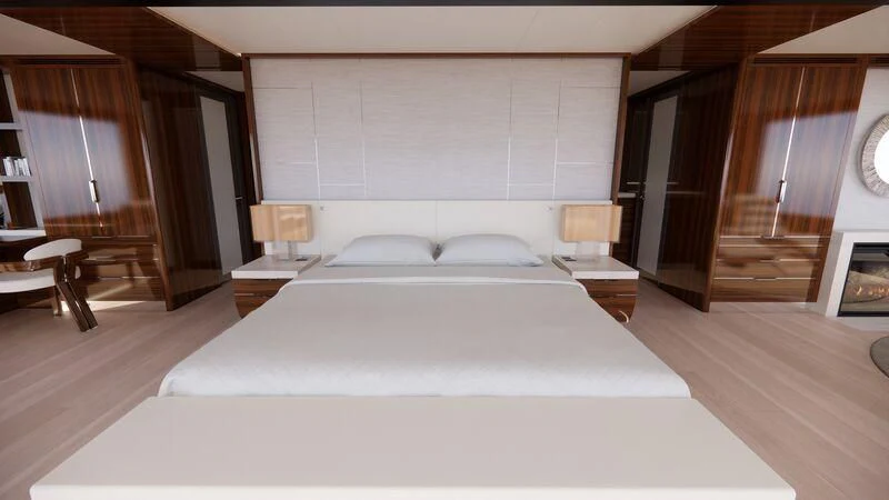 a large bed in a room aboard AZURE III Yacht for Sale