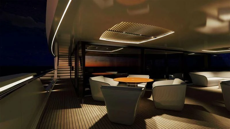 a room with a table and chairs aboard AZURE III Yacht for Sale