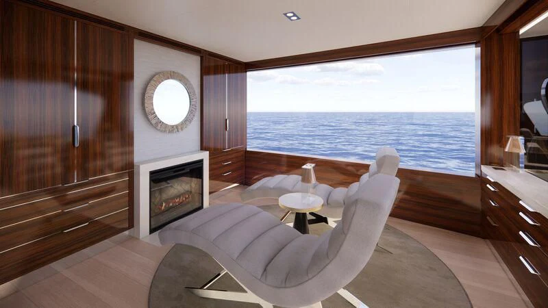 a living room with a fireplace aboard AZURE III Yacht for Sale