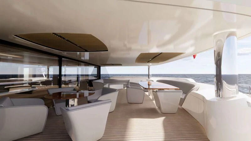 a room with tables and chairs aboard AZURE III Yacht for Sale