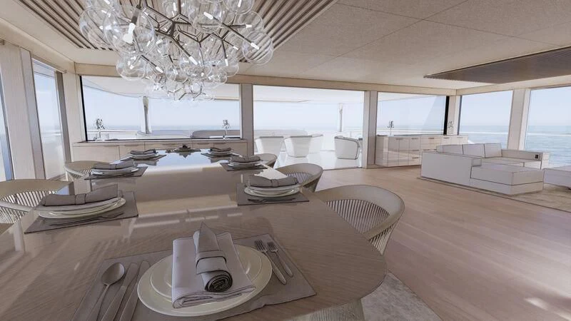 a dining room with a large table aboard AZURE III Yacht for Sale