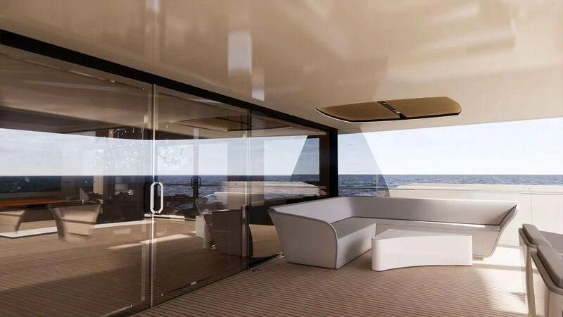 a room with a table and chairs aboard AZURE III Yacht for Sale
