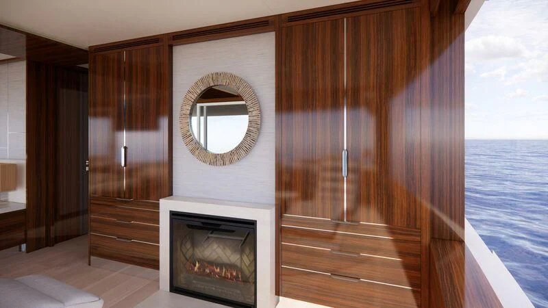 a fireplace in a room aboard AZURE III Yacht for Sale