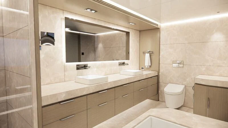 a bathroom with a large mirror aboard AZURE III Yacht for Sale