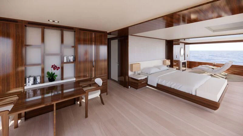 a room with a bed and a table aboard AZURE III Yacht for Sale