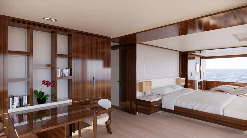 a room with a bed and a desk aboard AZURE III Yacht for Sale