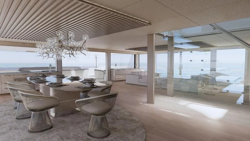 a room with tables and chairs aboard AZURE III Yacht for Sale