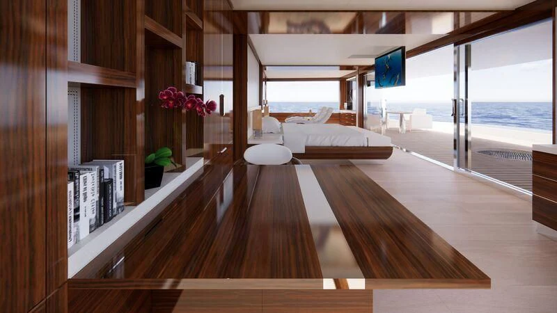 a room with a bed and a window aboard AZURE III Yacht for Sale