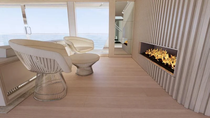 a fireplace in a room aboard AZURE III Yacht for Sale