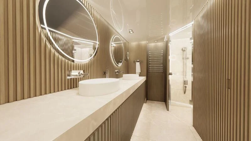 a bathroom with a large mirror aboard AZURE III Yacht for Sale