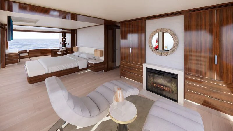 a room with a fireplace and a bed aboard AZURE III Yacht for Sale