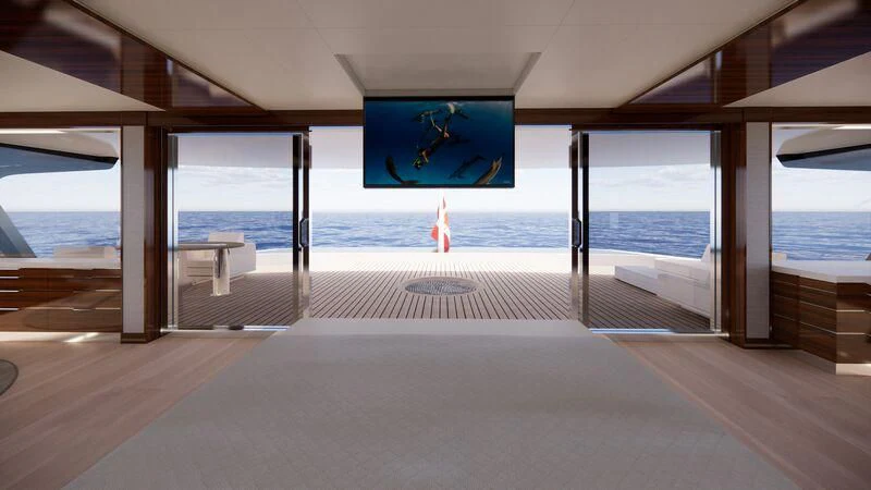 a room with a large window and a view of the ocean aboard AZURE III Yacht for Sale