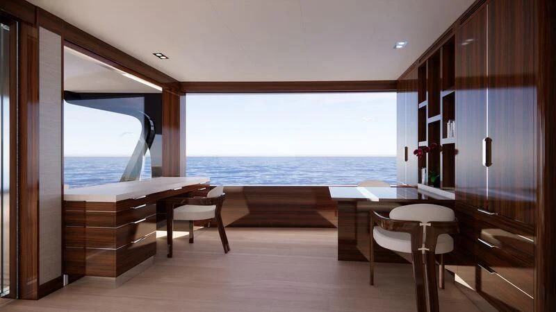 a room with a table and chairs aboard AZURE III Yacht for Sale